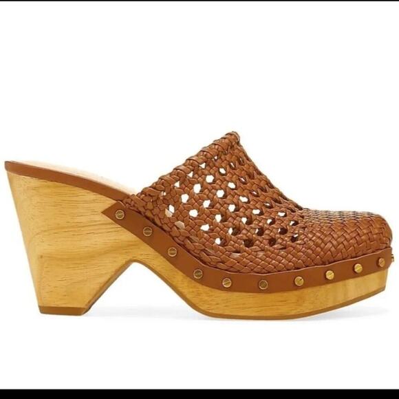 Veronica Beard Hardie Woven Leather & Wood Heeled Clogs Cognac Brown 9 - Picture 9 of 9